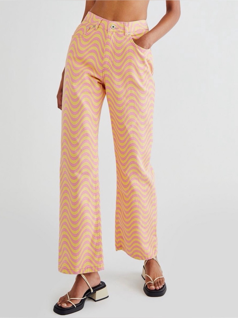 RAGGED Pink and Yellow Wave Print Wide-Leg Pants